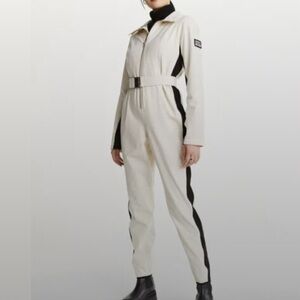 Belted One Piece Fleece Lined Ski Suit Jumpsuit Snowbib White w/ Sporty Stripes